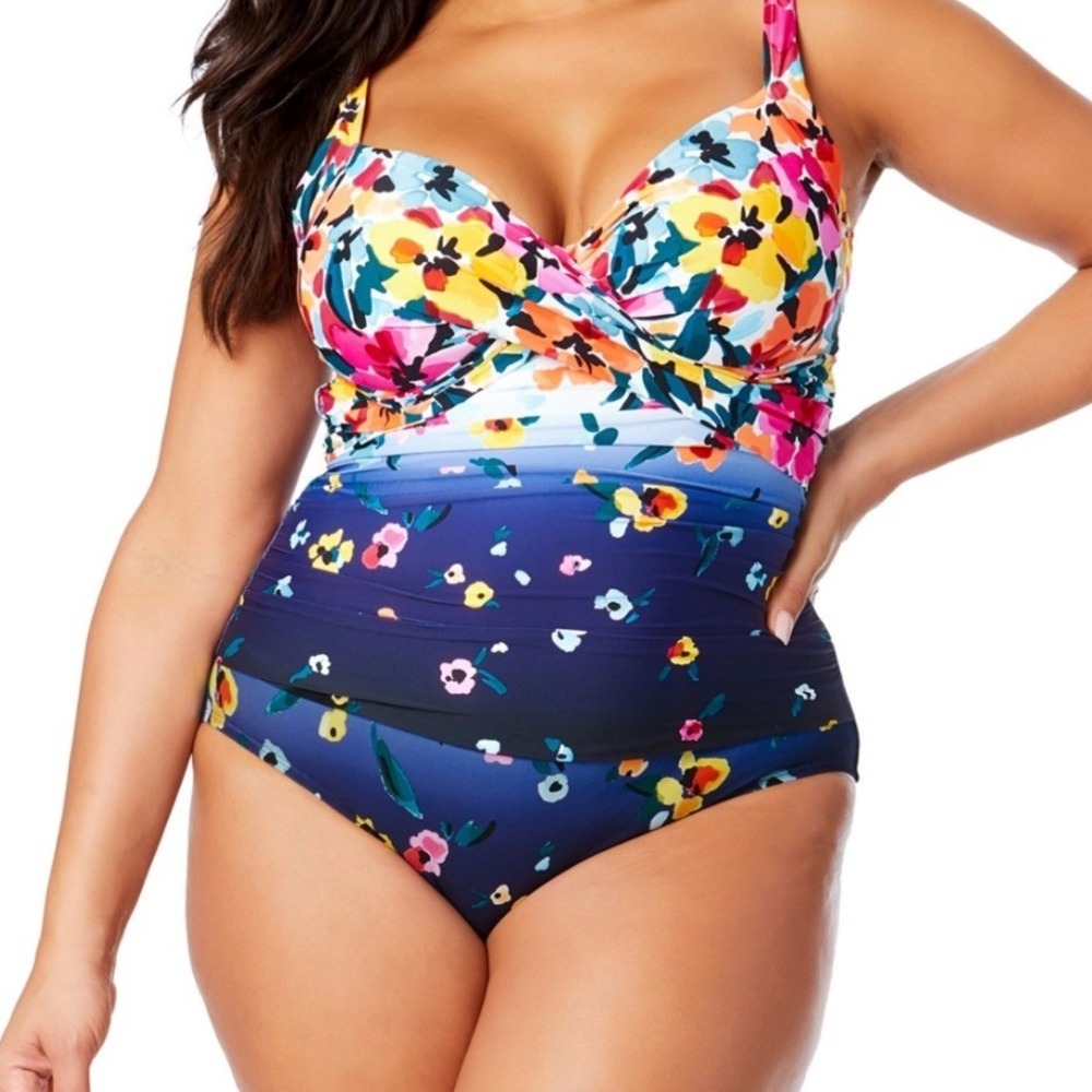 Anne Cole Swimsuit Womens 16W Multi Floral Ombre Twist One Piece NWT MSRP $128